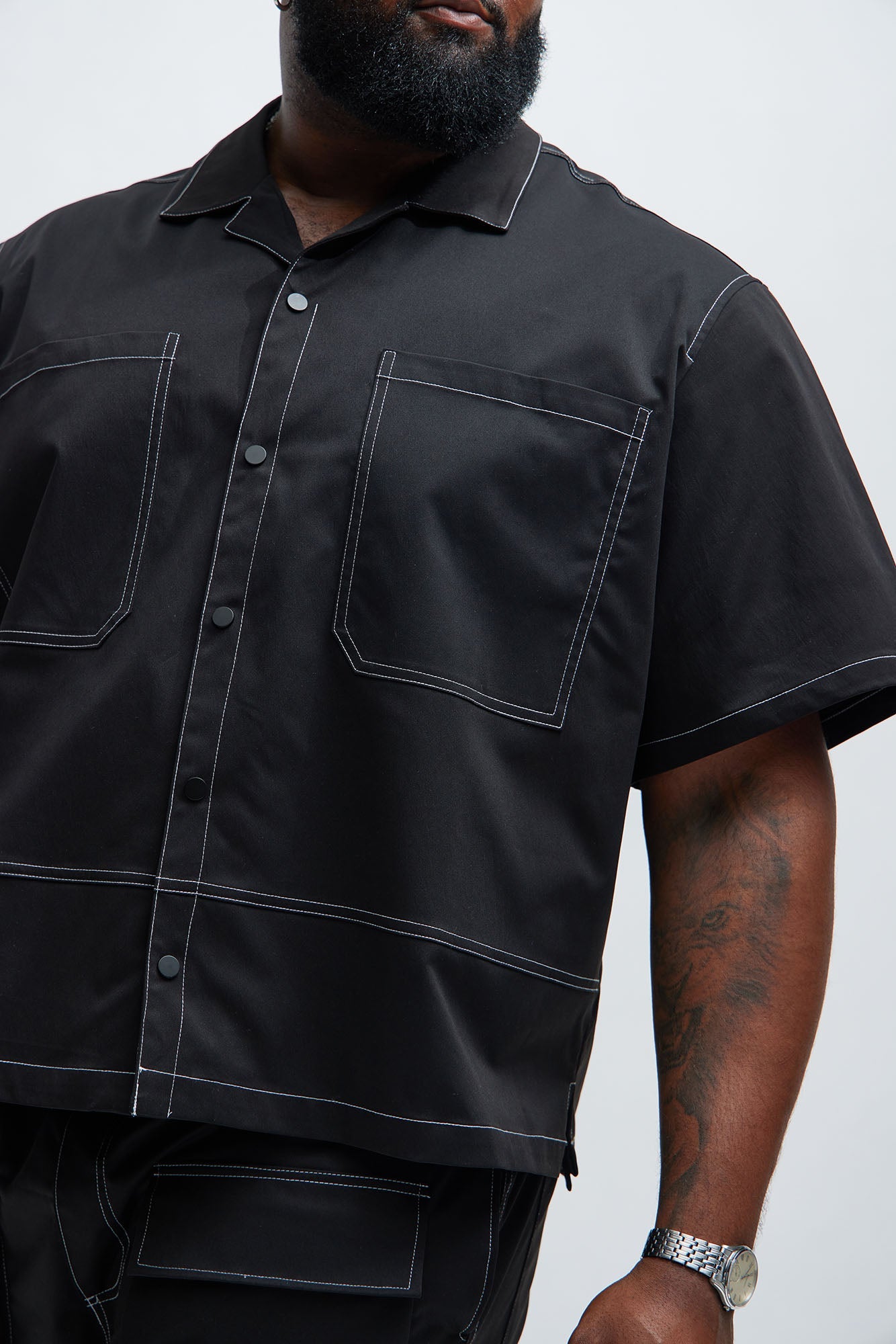 Curtis Contrast Stitch Boxy Shirt - Black