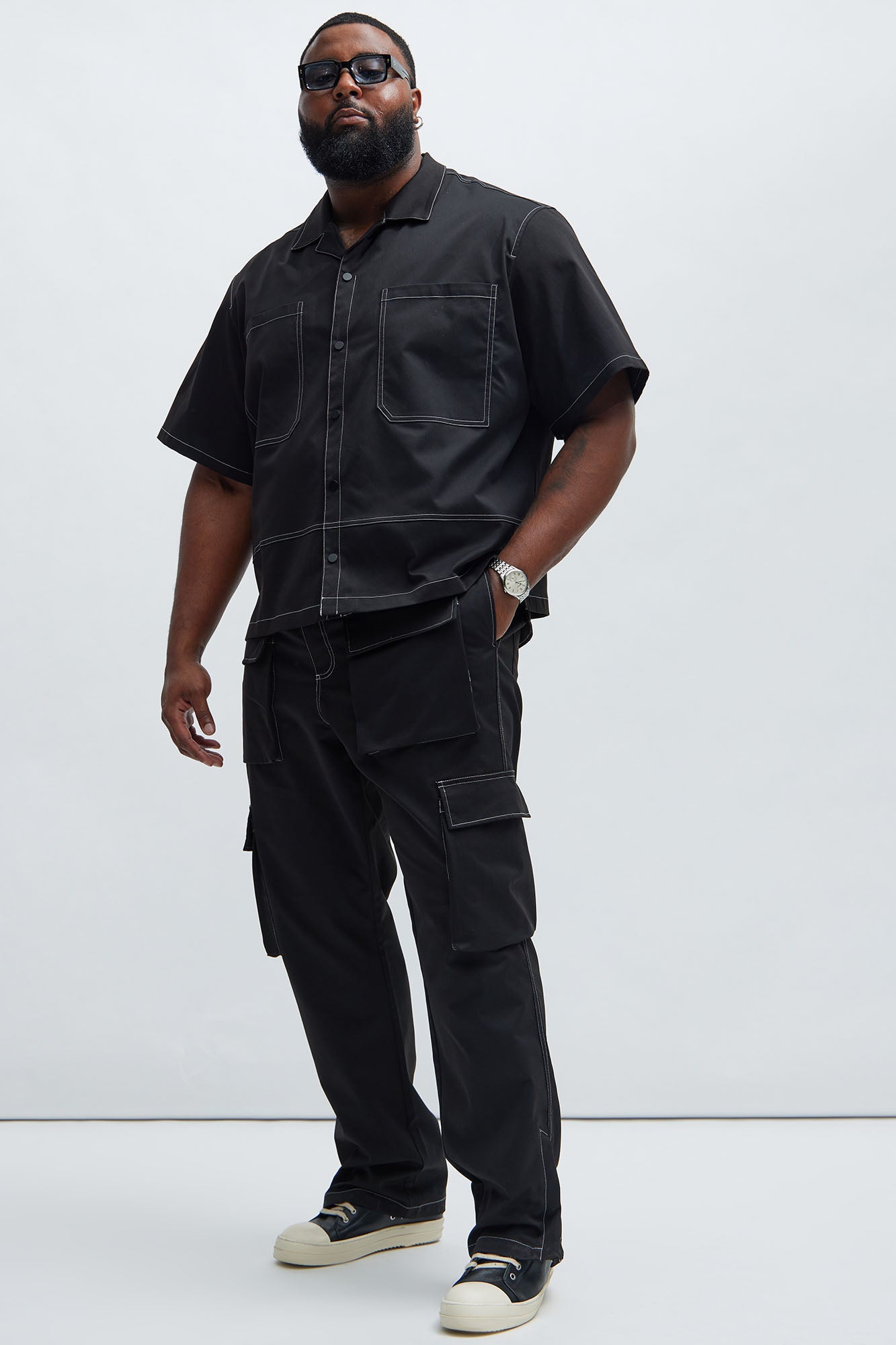 Curtis Contrast Stitch Relaxed Cargo Pants - Black