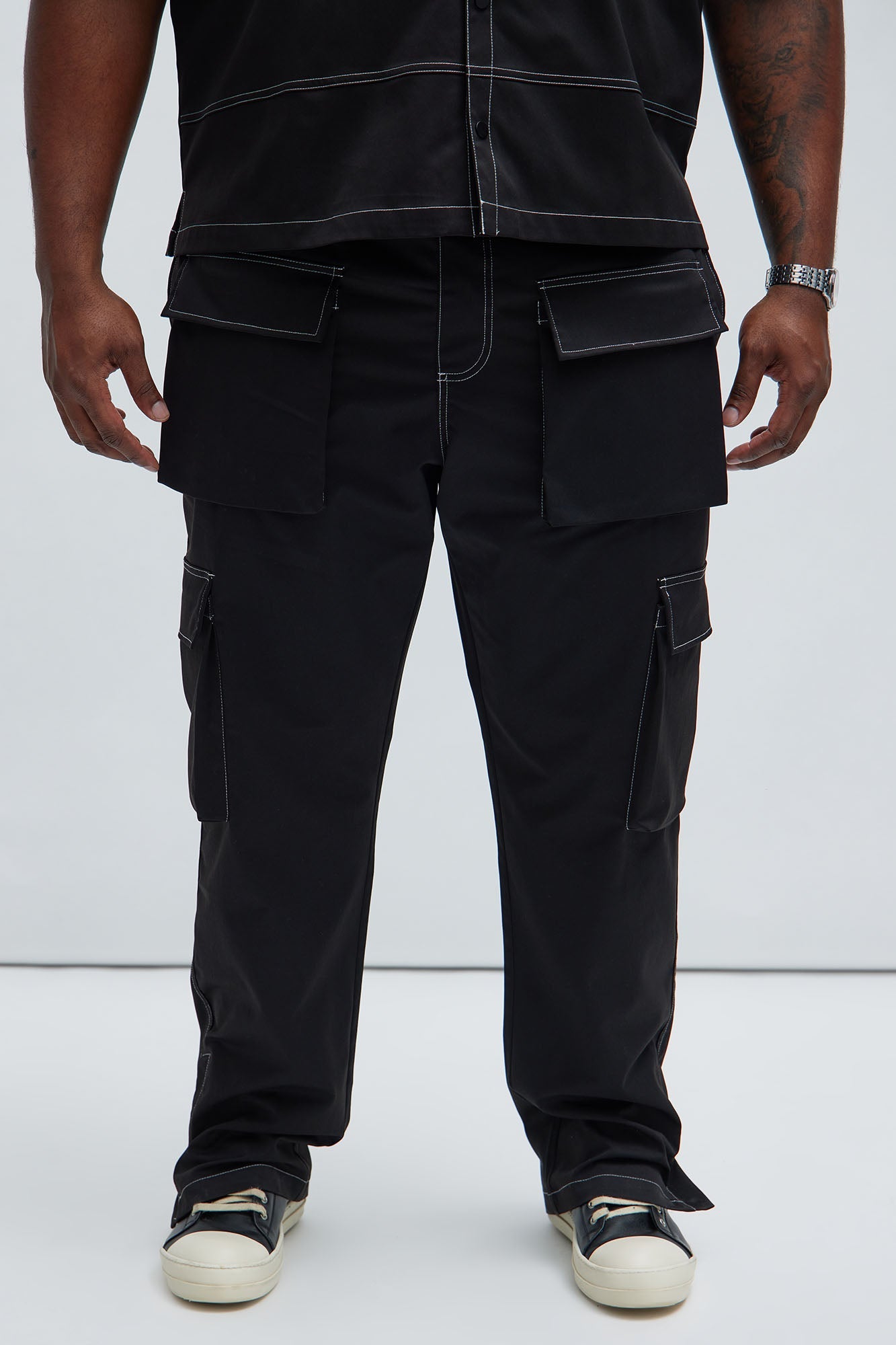 Curtis Contrast Stitch Relaxed Cargo Pants - Black