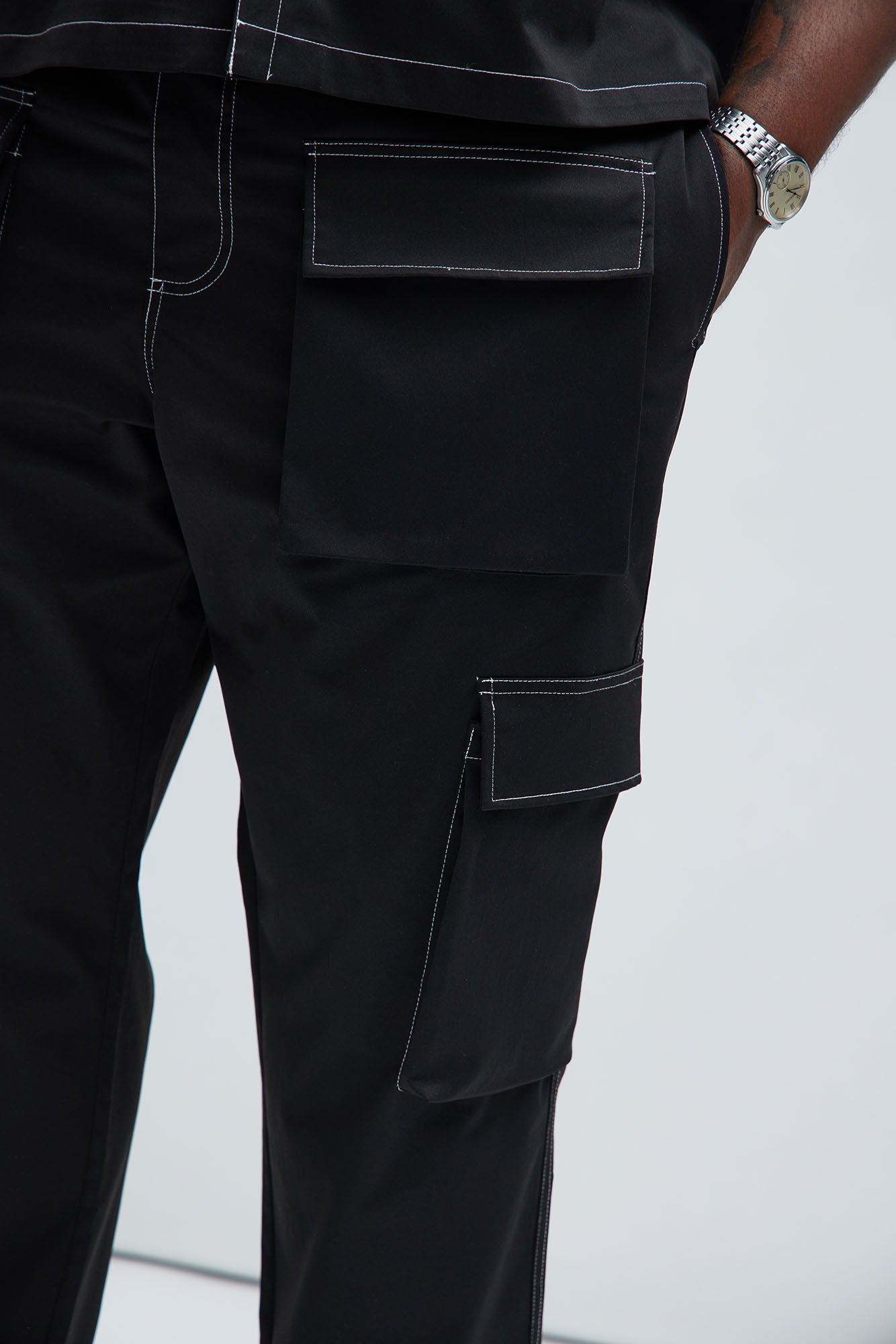 Curtis Contrast Stitch Relaxed Cargo Pants - Black