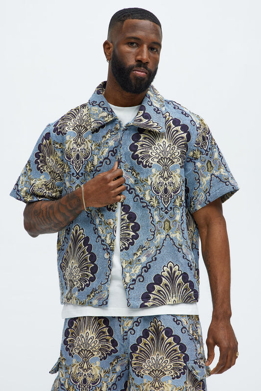 Highland Tapestry Short Sleeve Button Up Shirt - Blue/combo