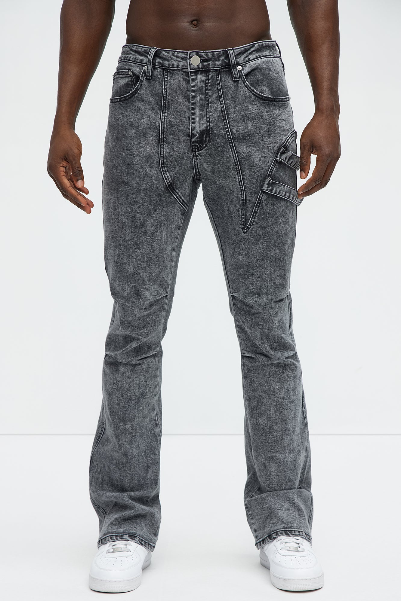 Daly Asymmetrical Stacked Slim Flare Jeans - Grey