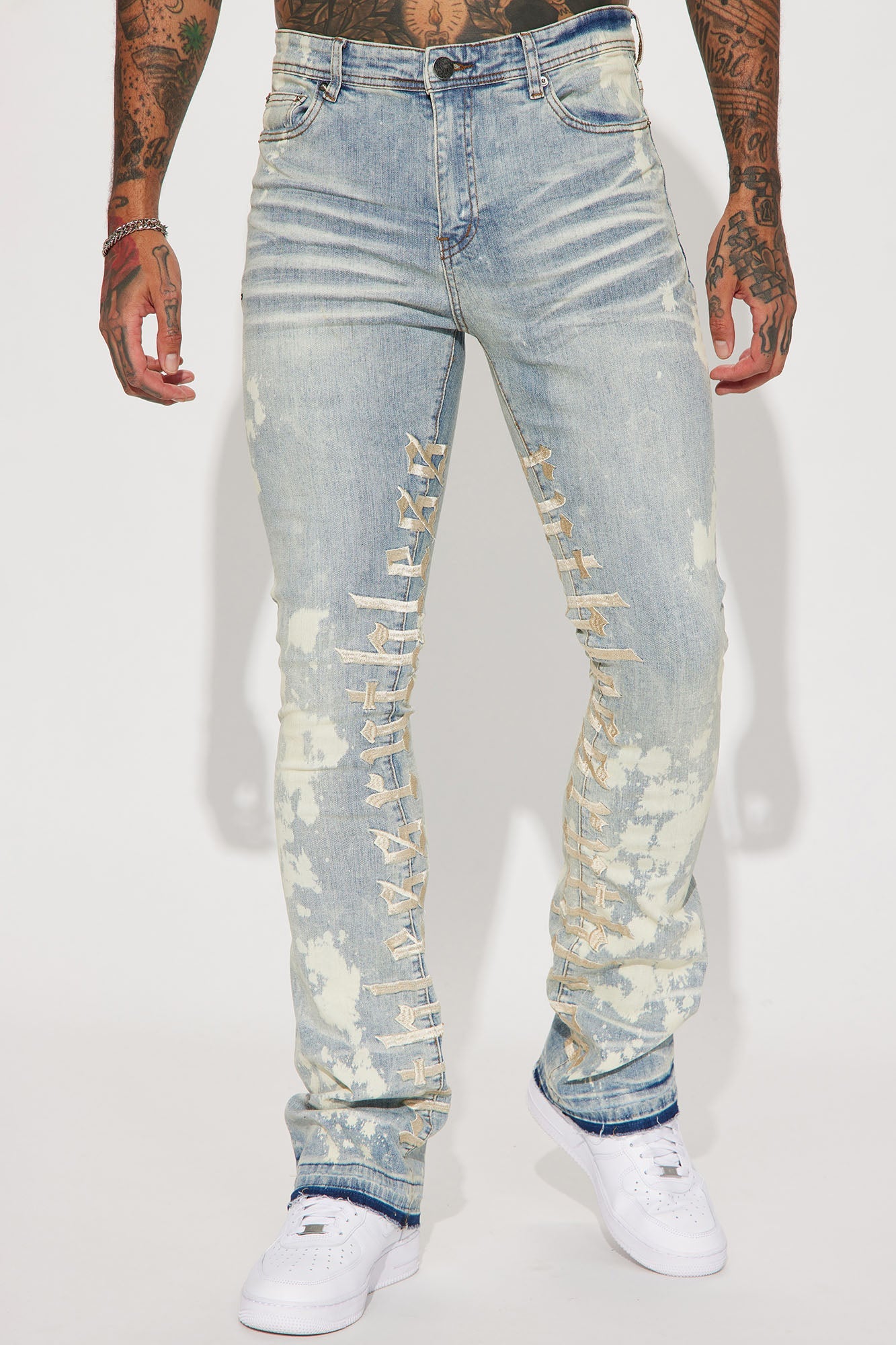 Ruthless Embroidered Stacked Skinny Flare Jeans - Bleach Blue Wash