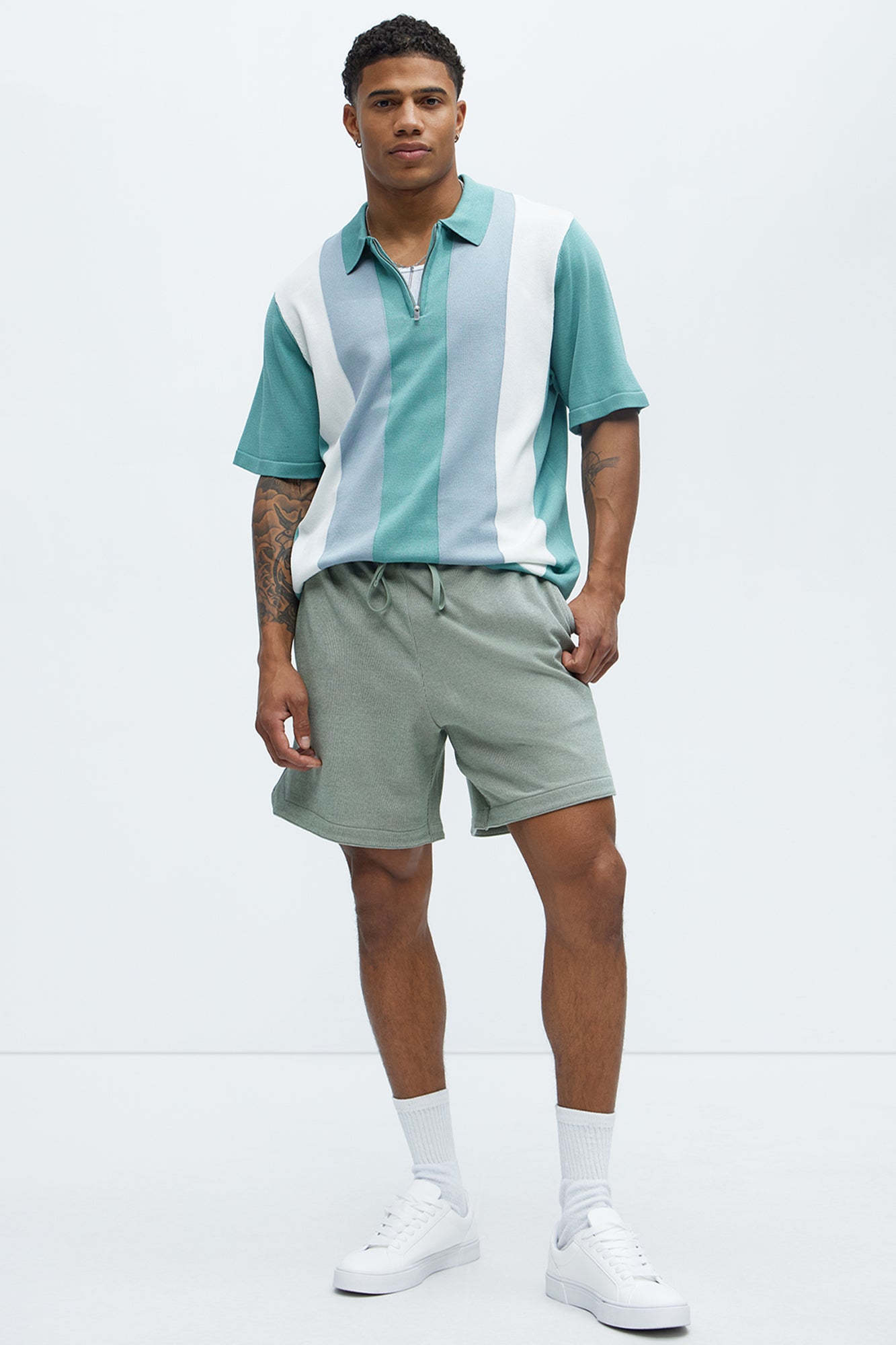 Brady Striped Knit Zip Polo - Sage/combo