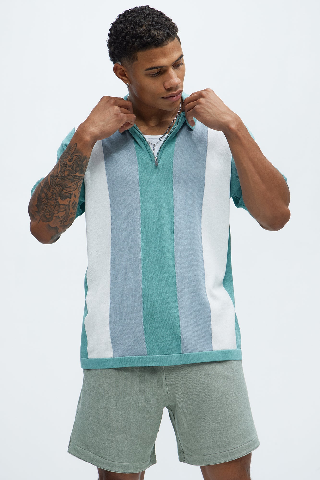 Brady Striped Knit Zip Polo - Sage/combo