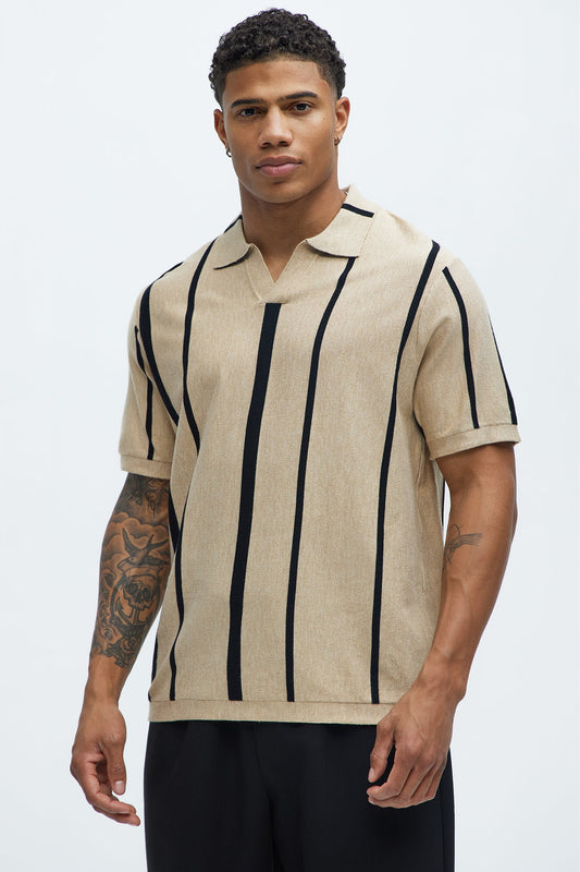 Orson Striped Knit Johnny Collar Sweater Polo - Tan/Multi