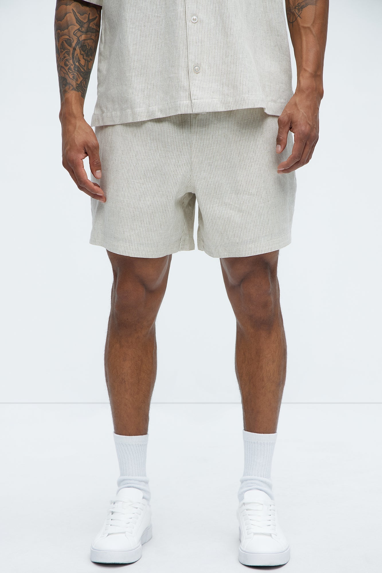 Twill Stripe Linen Shorts - Taupe/combo