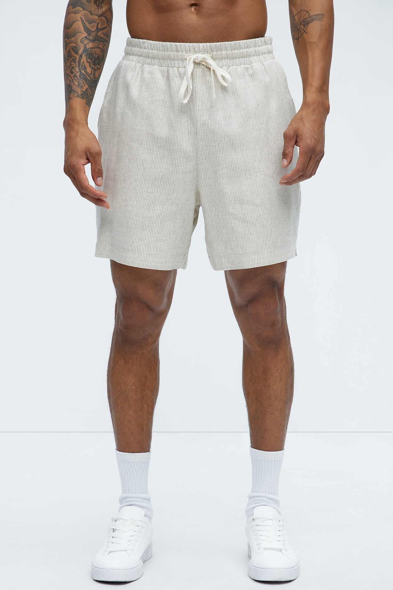 Twill Stripe Linen Shorts - Taupe/combo