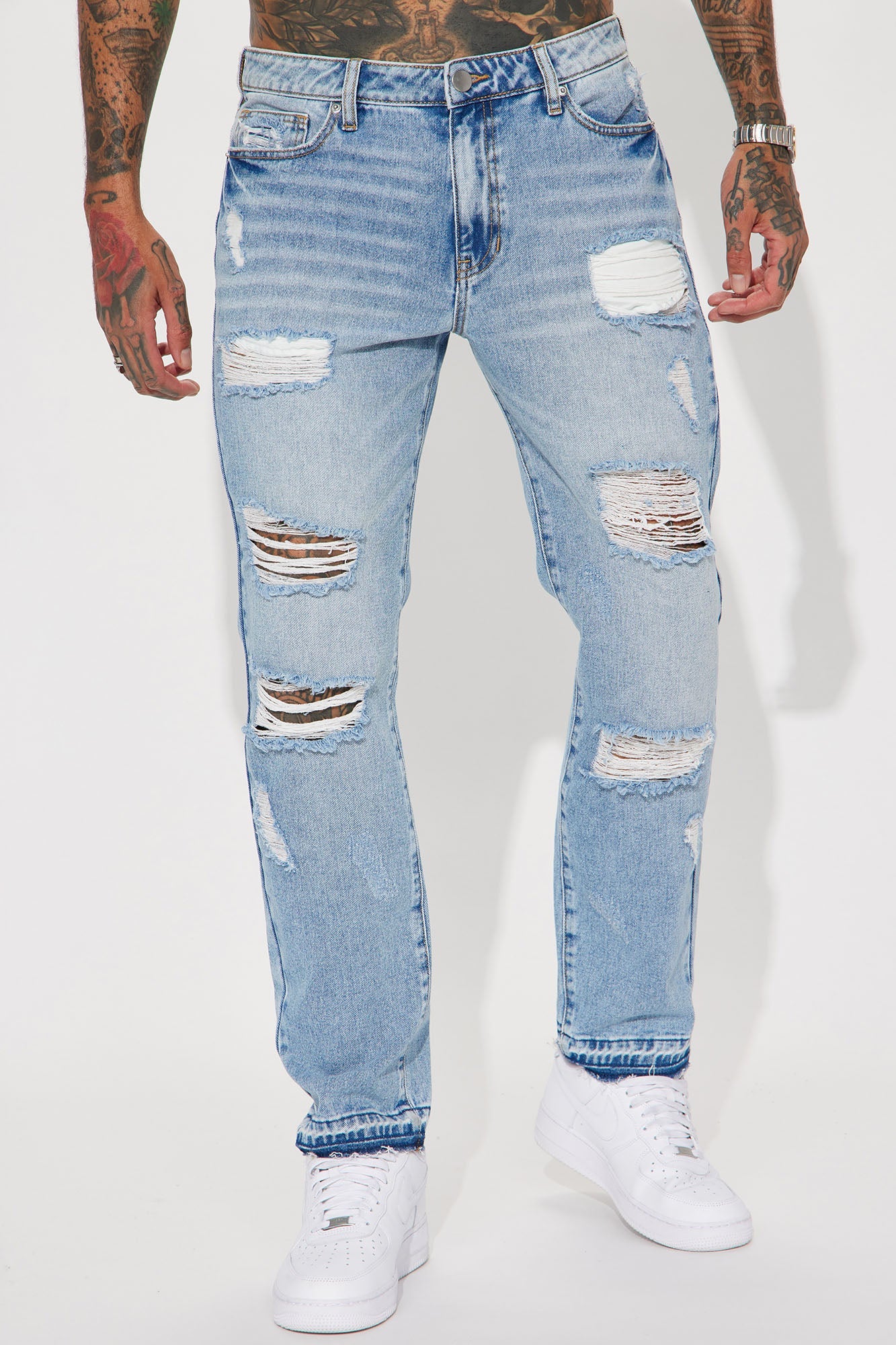 The Individual Ripped Straight Jeans - Medium Blue Wash