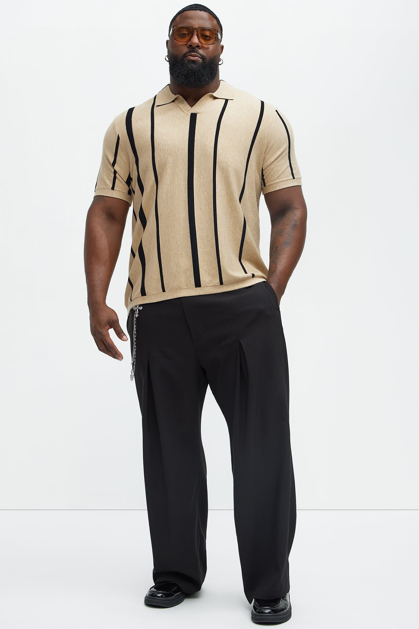 Orson Striped Knit Johnny Collar Sweater Polo - Tan/Multi