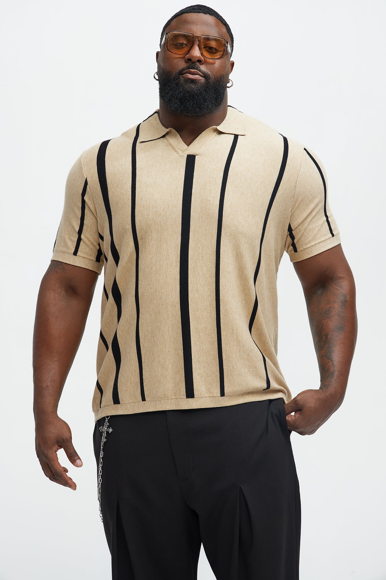 Orson Striped Knit Johnny Collar Sweater Polo - Tan/Multi