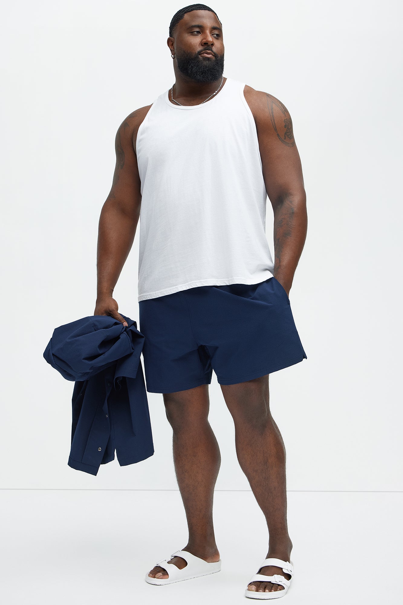 Seersucker Swim Mid Trunk - Navy