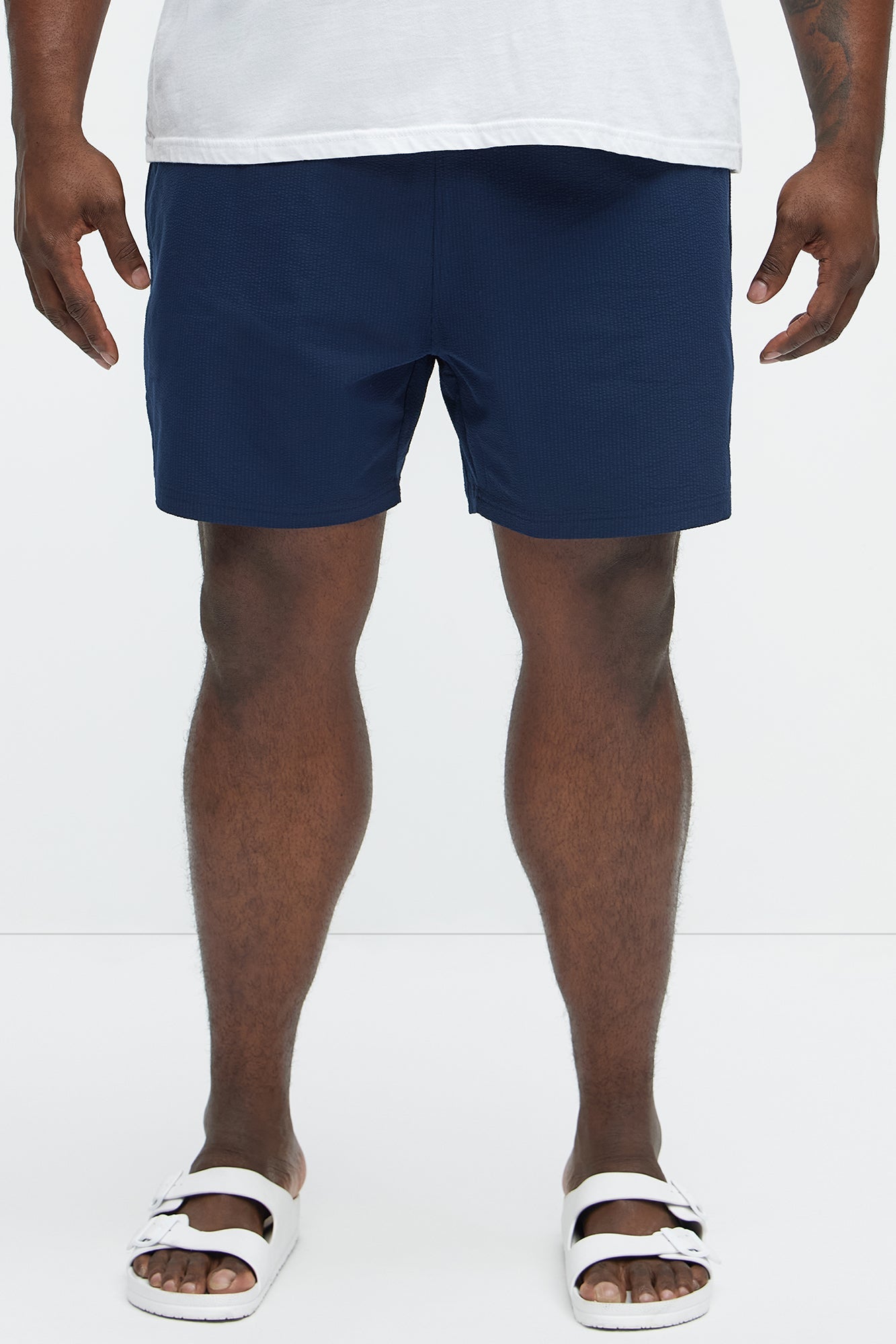 Seersucker Swim Mid Trunk - Navy