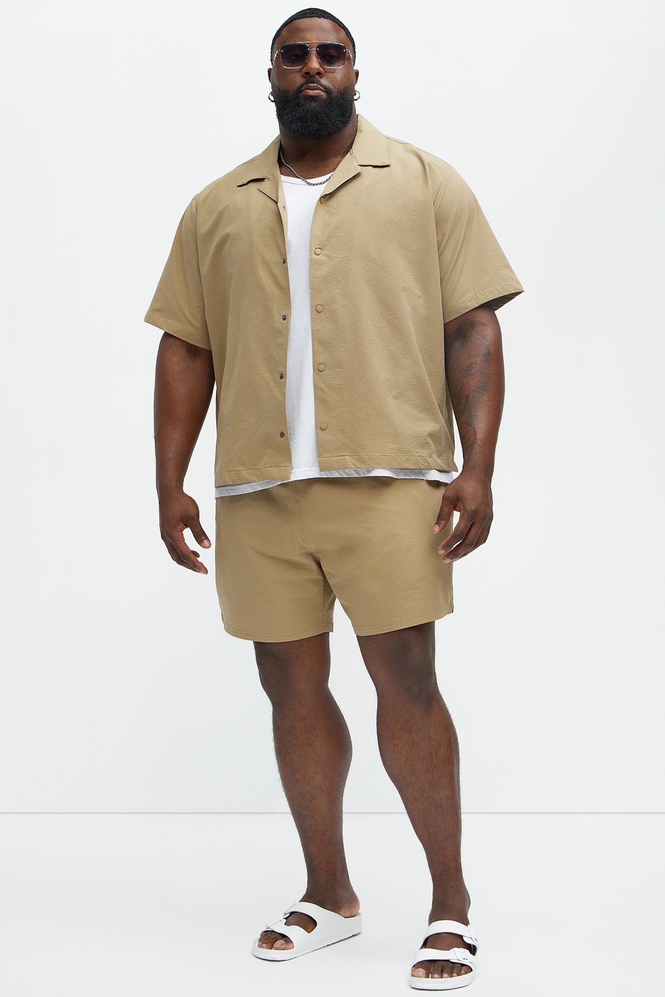 Seersucker Short Sleeve Cuban Collar Shirt - Khaki