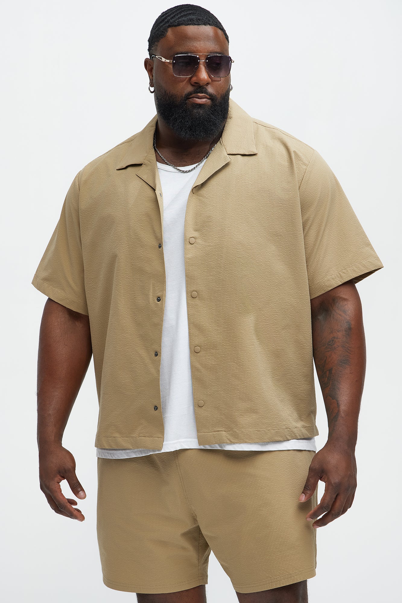 Seersucker Short Sleeve Cuban Collar Shirt - Khaki