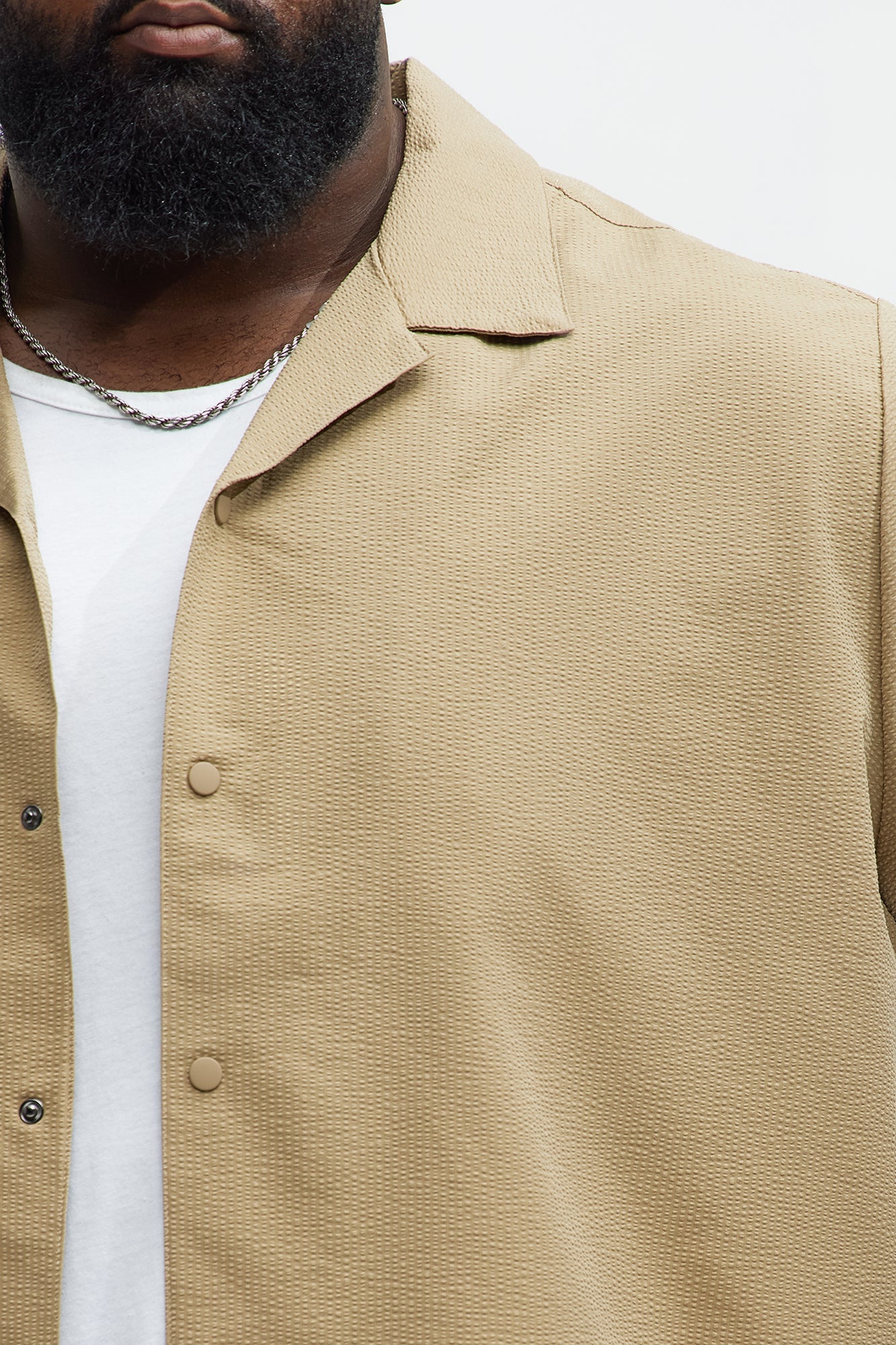 Seersucker Short Sleeve Cuban Collar Shirt - Khaki