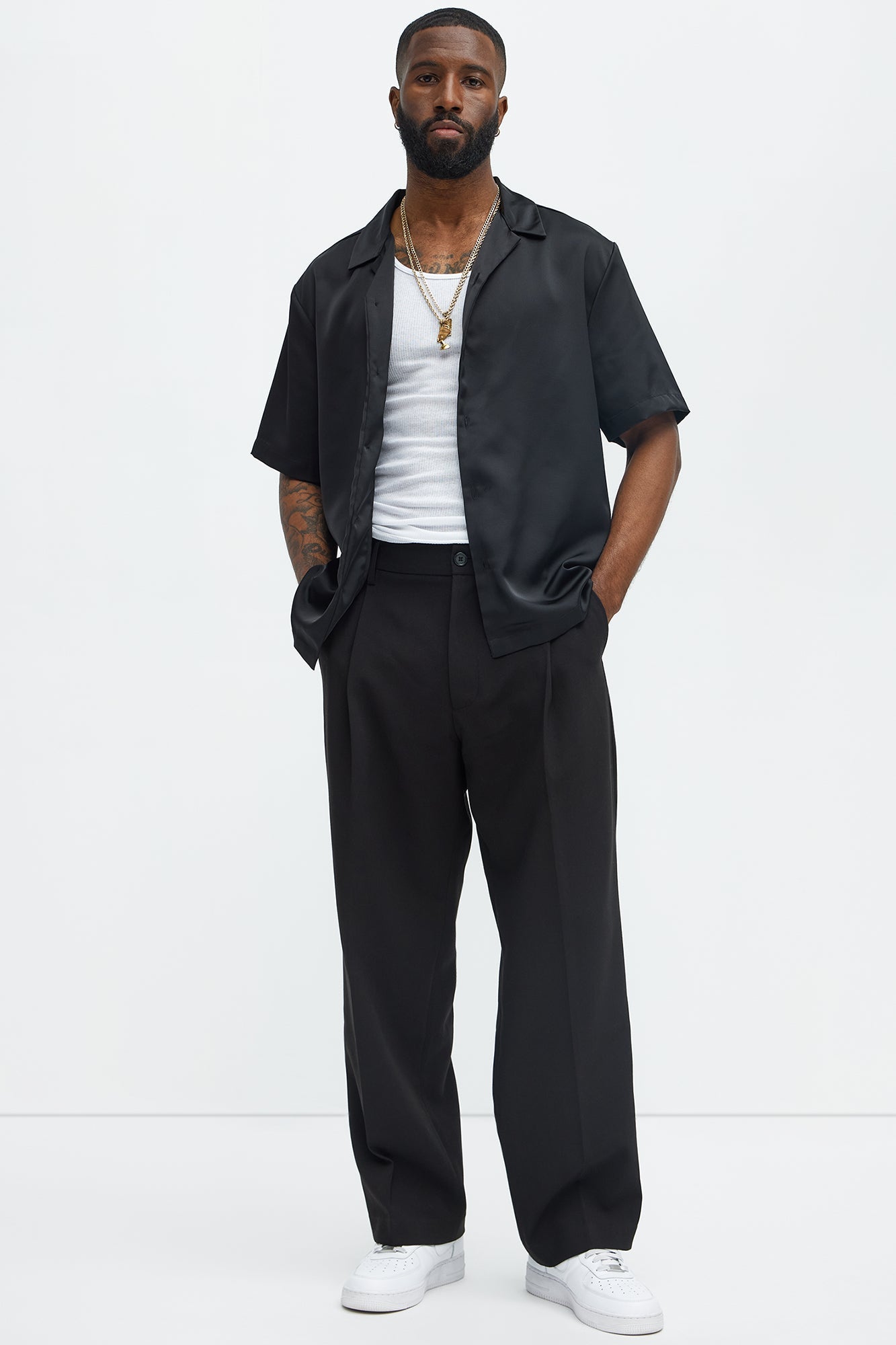 Links Satin Short Sleeve Button Up Shirt - Black