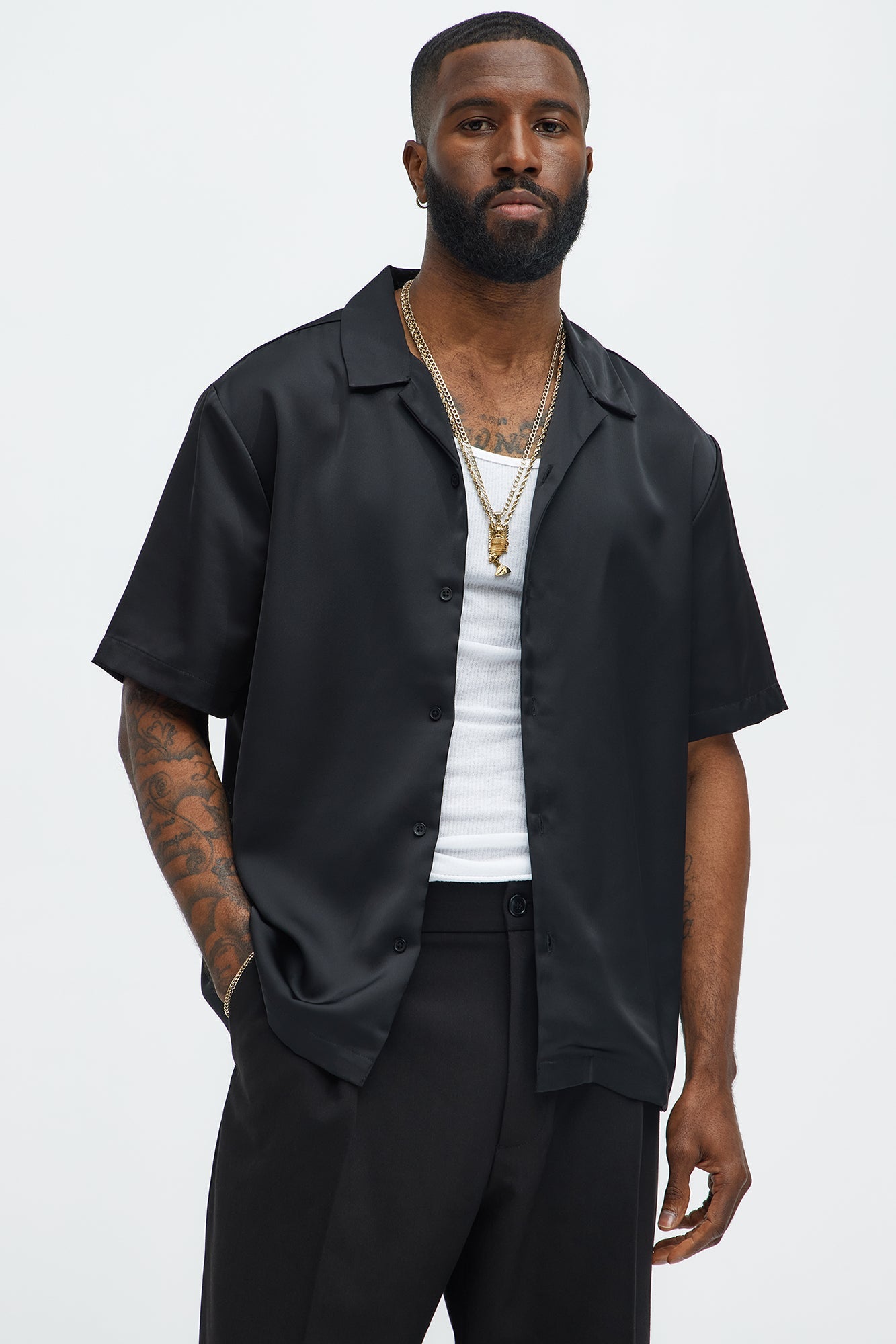 Links Satin Short Sleeve Button Up Shirt - Black
