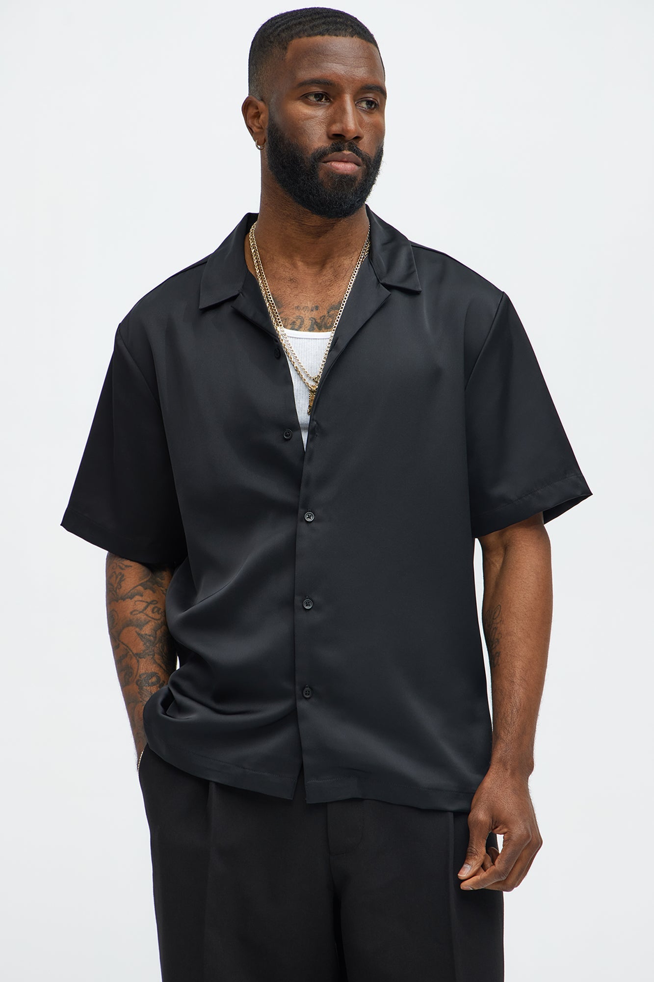 Links Satin Short Sleeve Button Up Shirt - Black