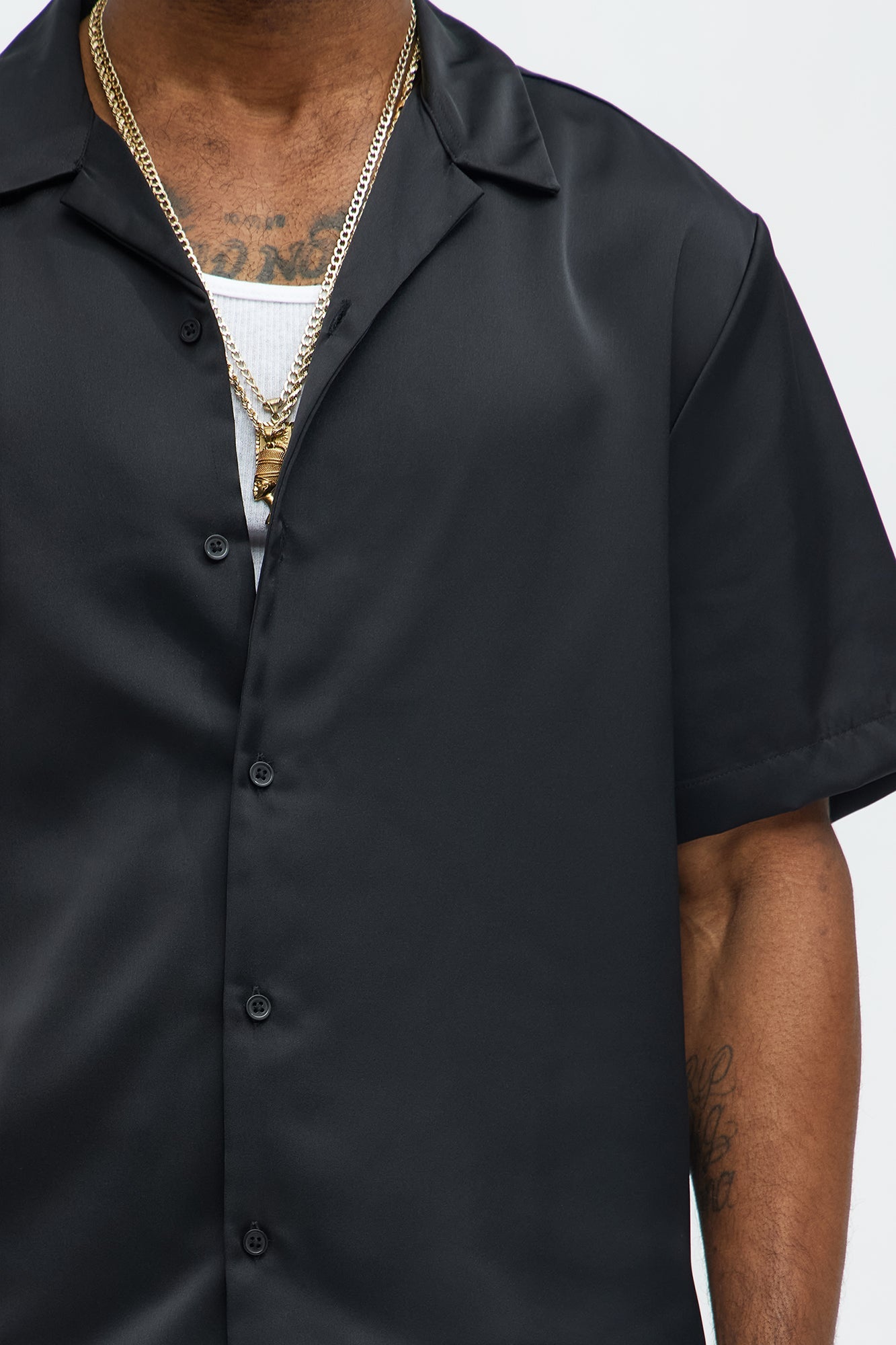 Links Satin Short Sleeve Button Up Shirt - Black