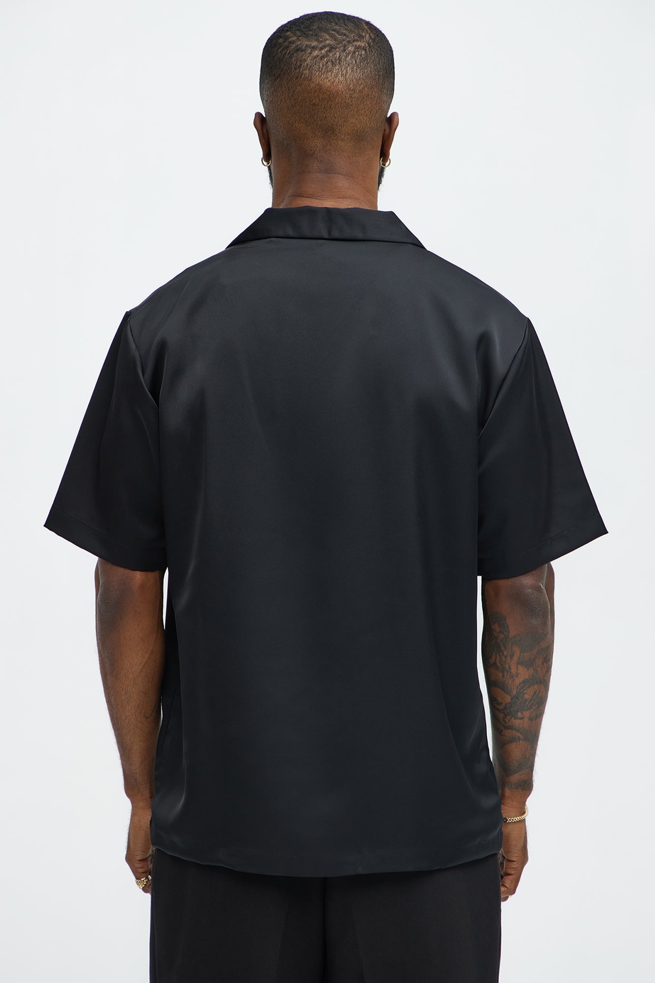 Links Satin Short Sleeve Button Up Shirt - Black