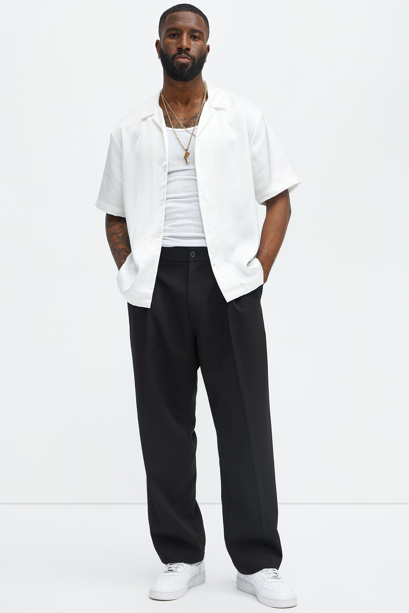 Links Satin Short Sleeve Button Up Shirt - Off White