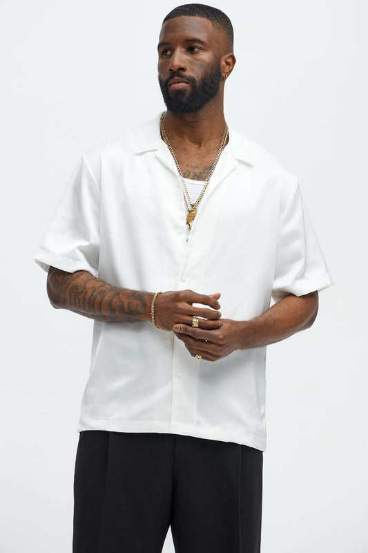 Links Satin Short Sleeve Button Up Shirt - Off White