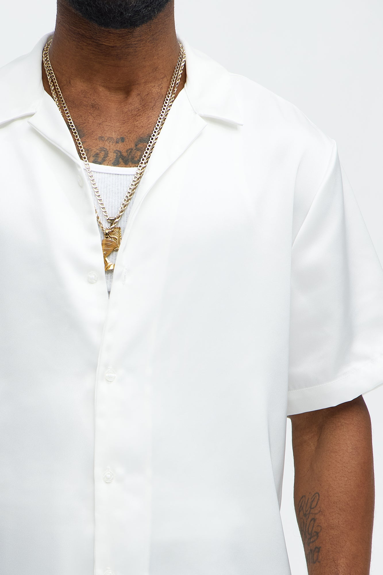 Links Satin Short Sleeve Button Up Shirt - Off White