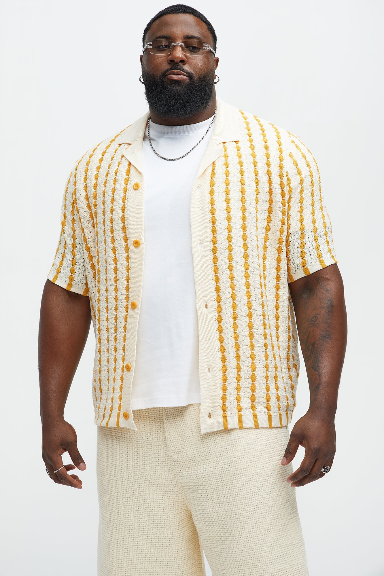 Benny Short Sleeve Crochet Cuban Shirt - Mustard