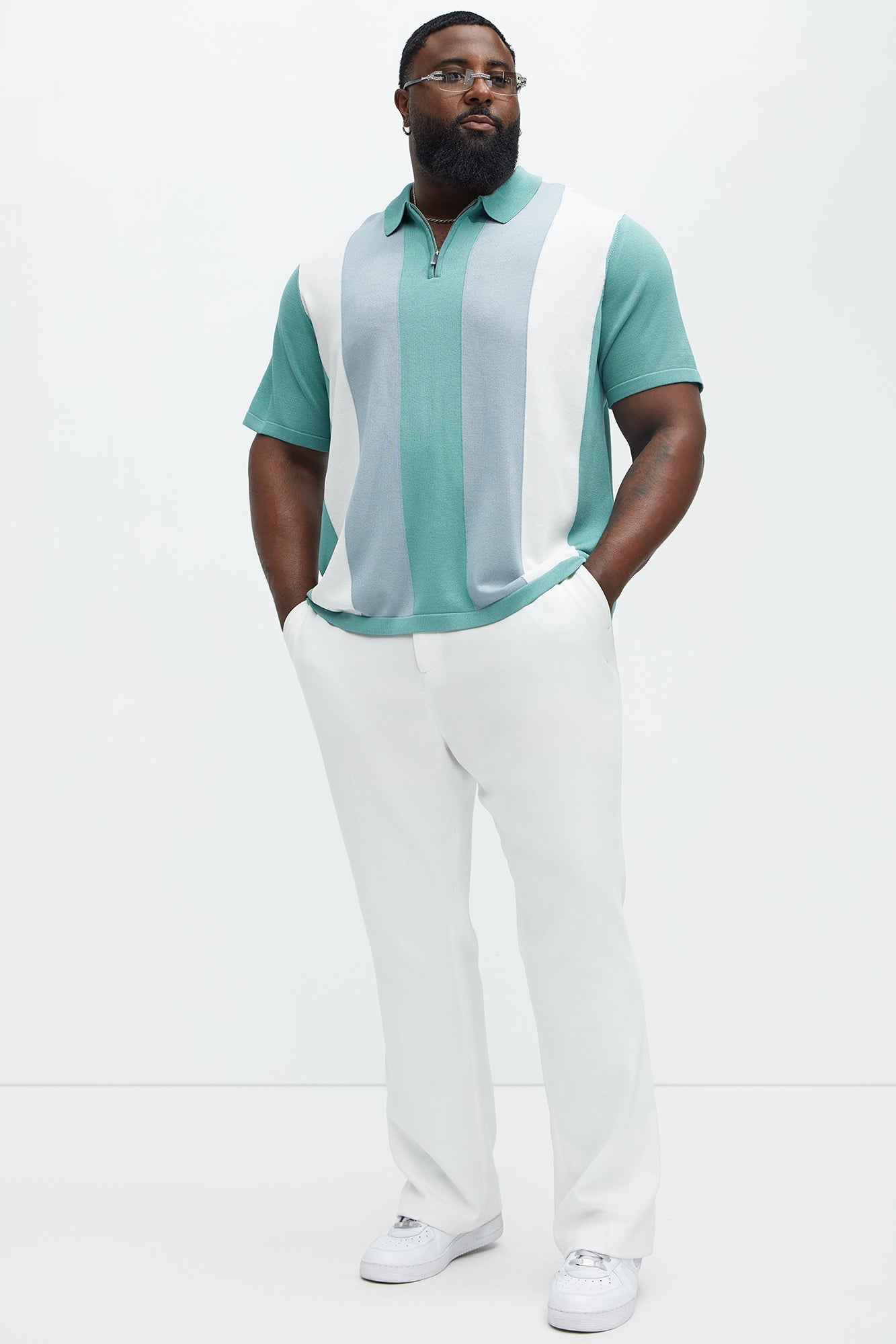 Brady Striped Knit Zip Polo - Sage/combo