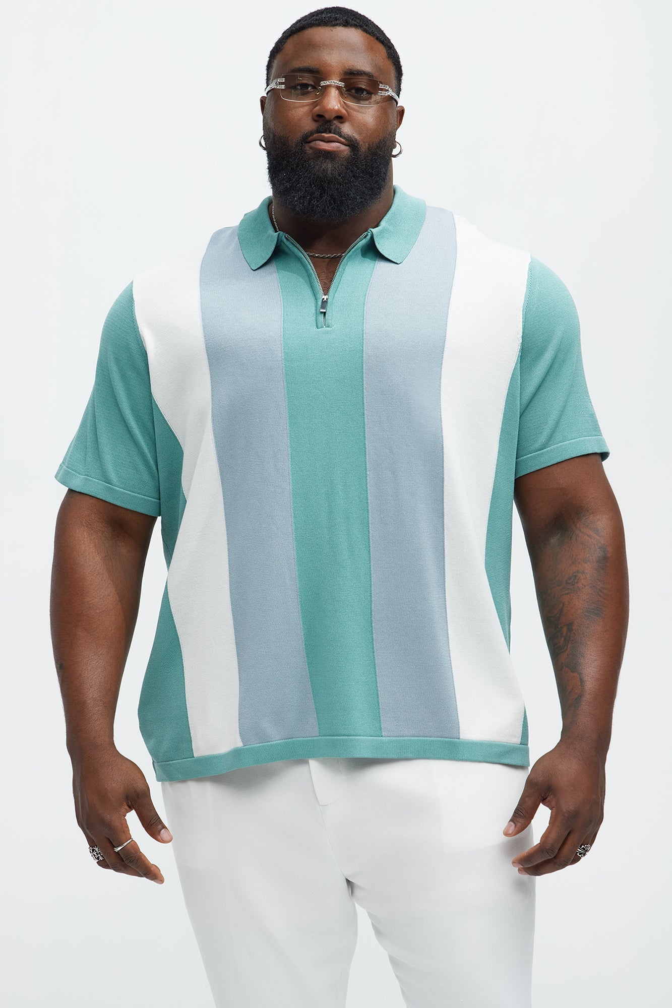 Brady Striped Knit Zip Polo - Sage/combo