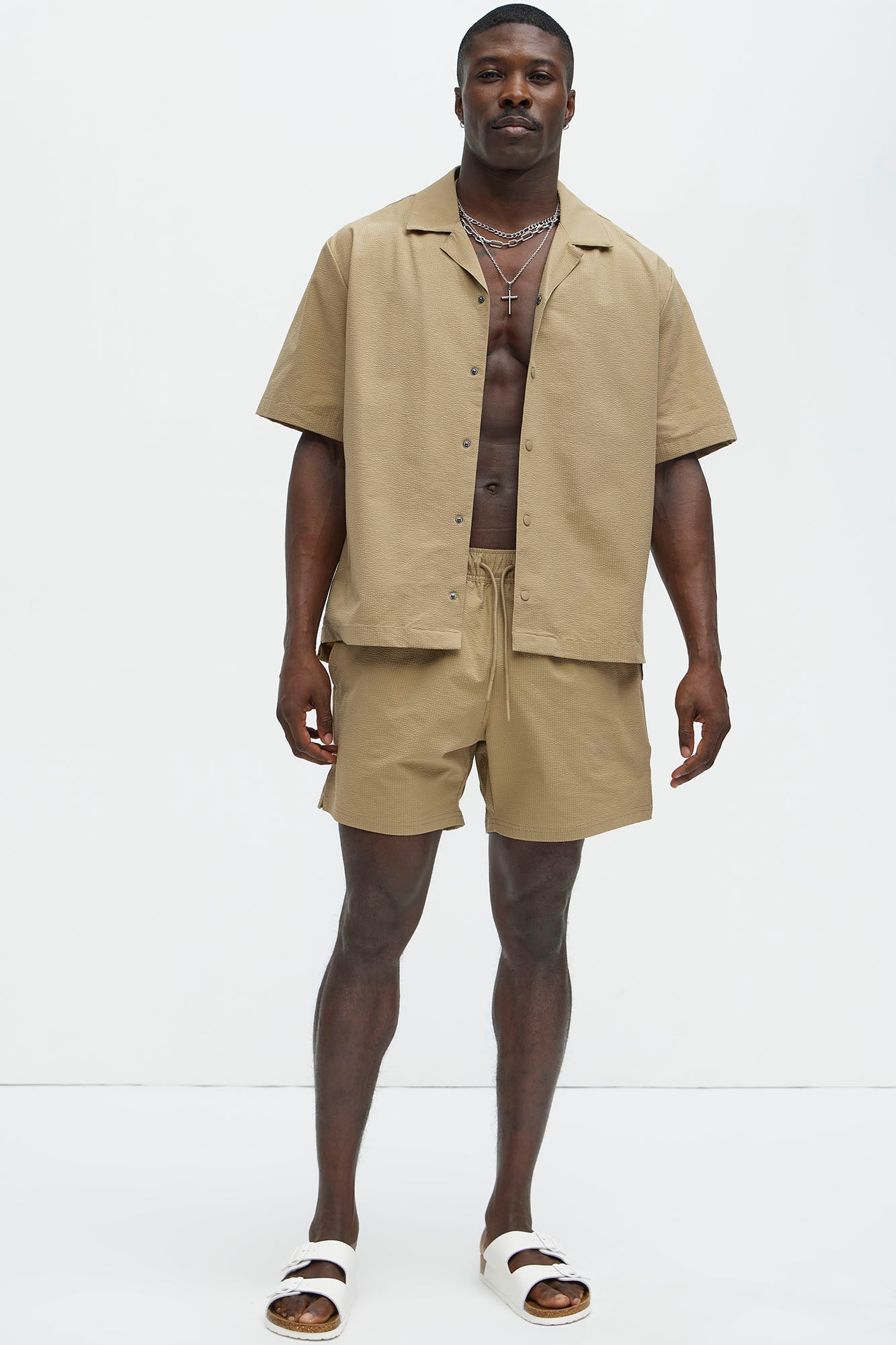 Seersucker Short Sleeve Cuban Collar Shirt - Khaki