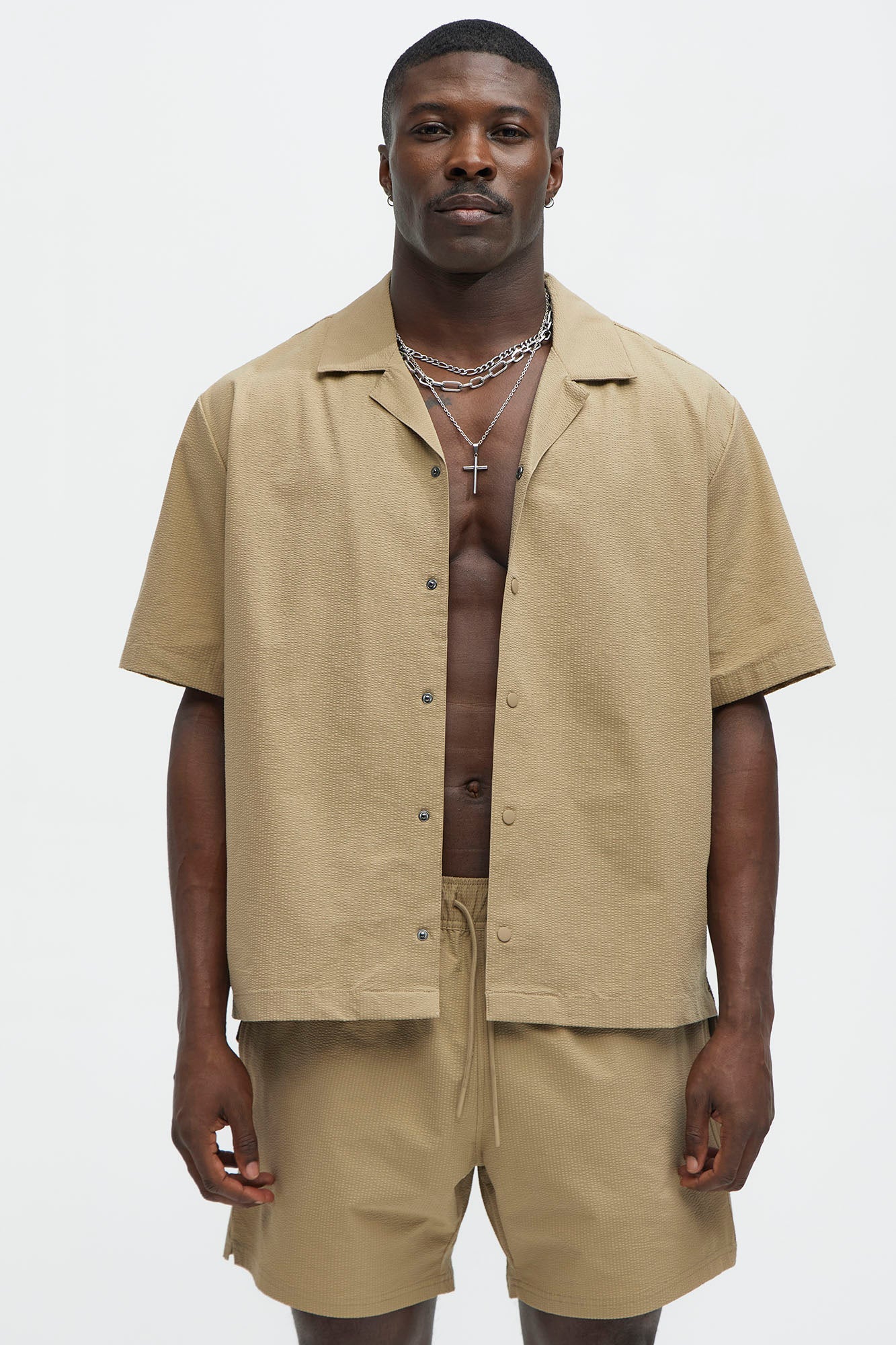 Seersucker Short Sleeve Cuban Collar Shirt - Khaki