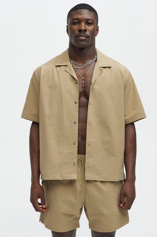 Seersucker Short Sleeve Cuban Collar Shirt - Khaki