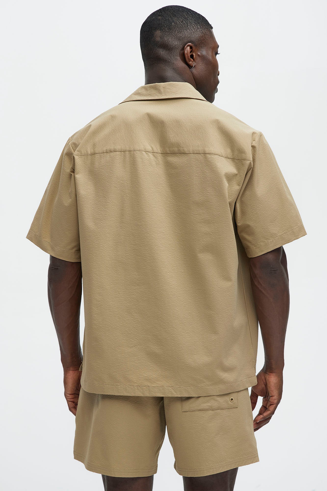 Seersucker Short Sleeve Cuban Collar Shirt - Khaki