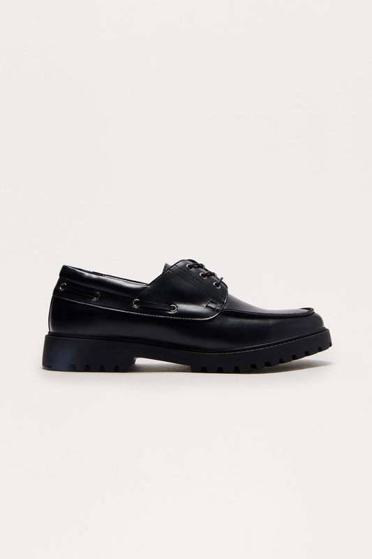 Classic Chunky Sole Lace Up Boat Shoes - Black