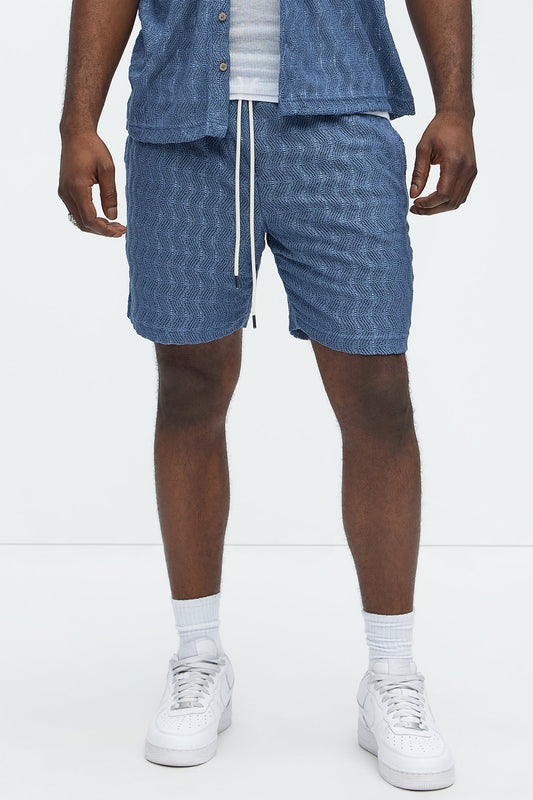 Echo Textured Drawstring Shorts - Blue