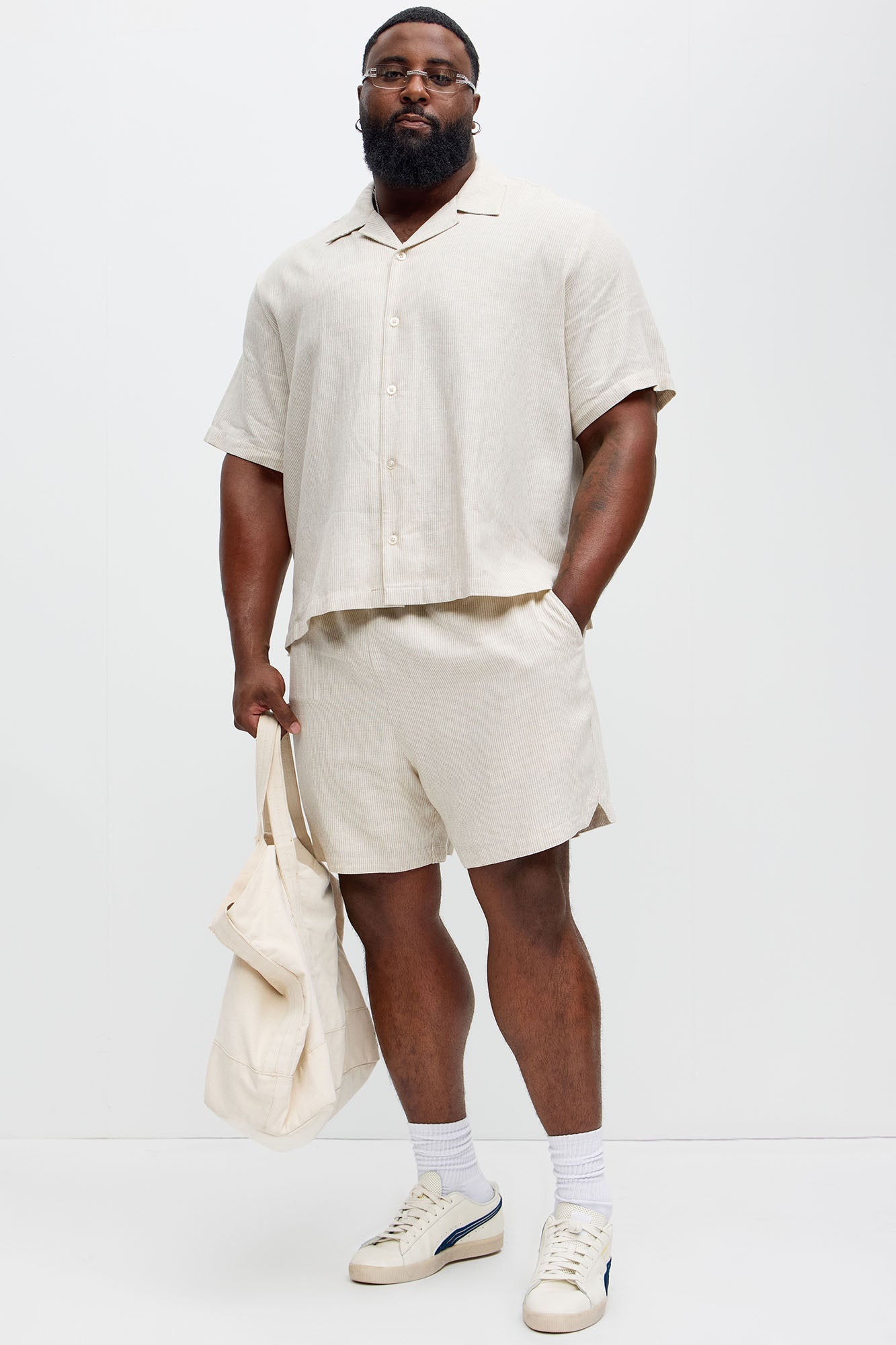 Twill Stripe Linen Shorts - Taupe/combo