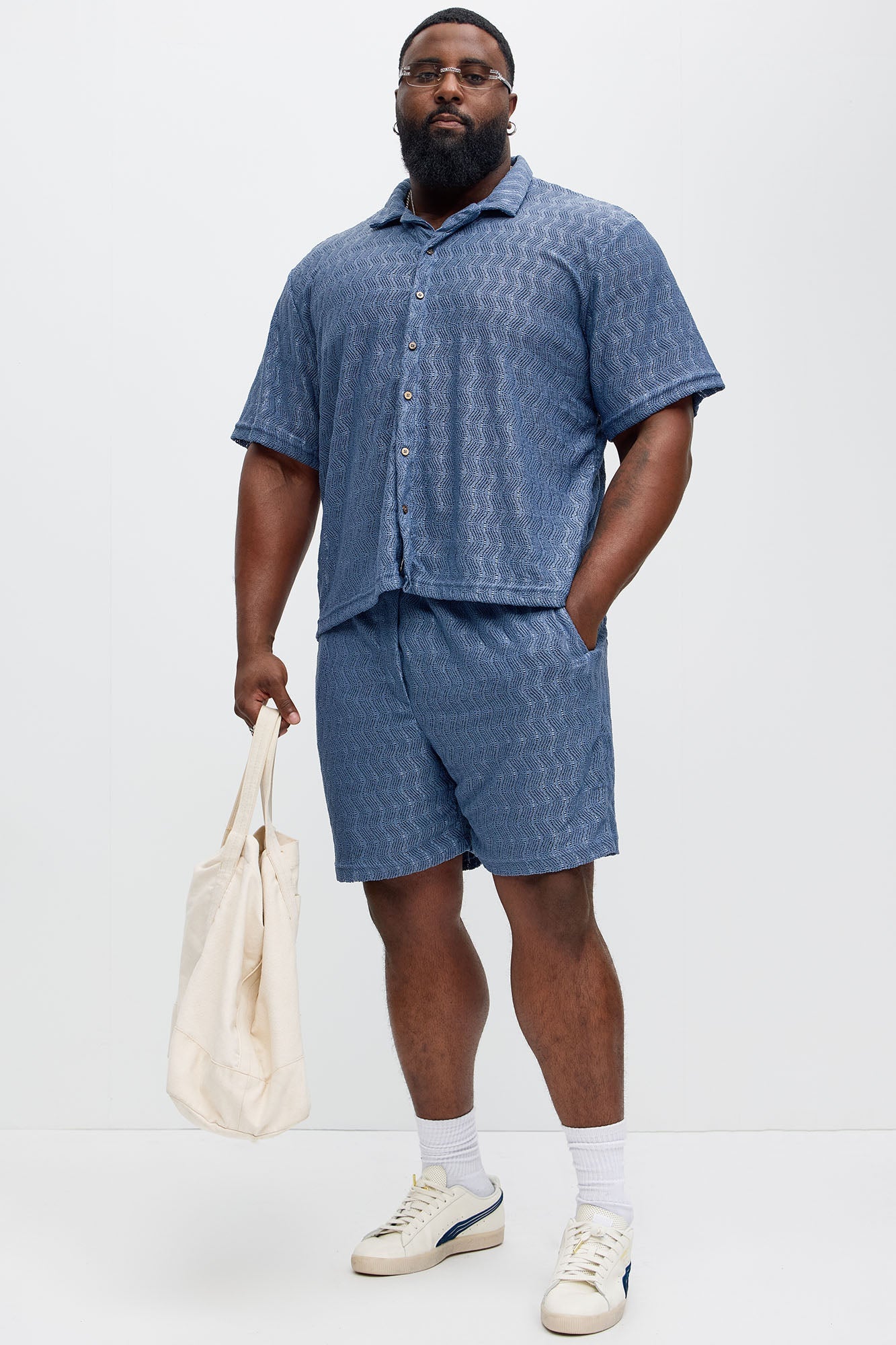 Echo Textured Drawstring Shorts - Blue