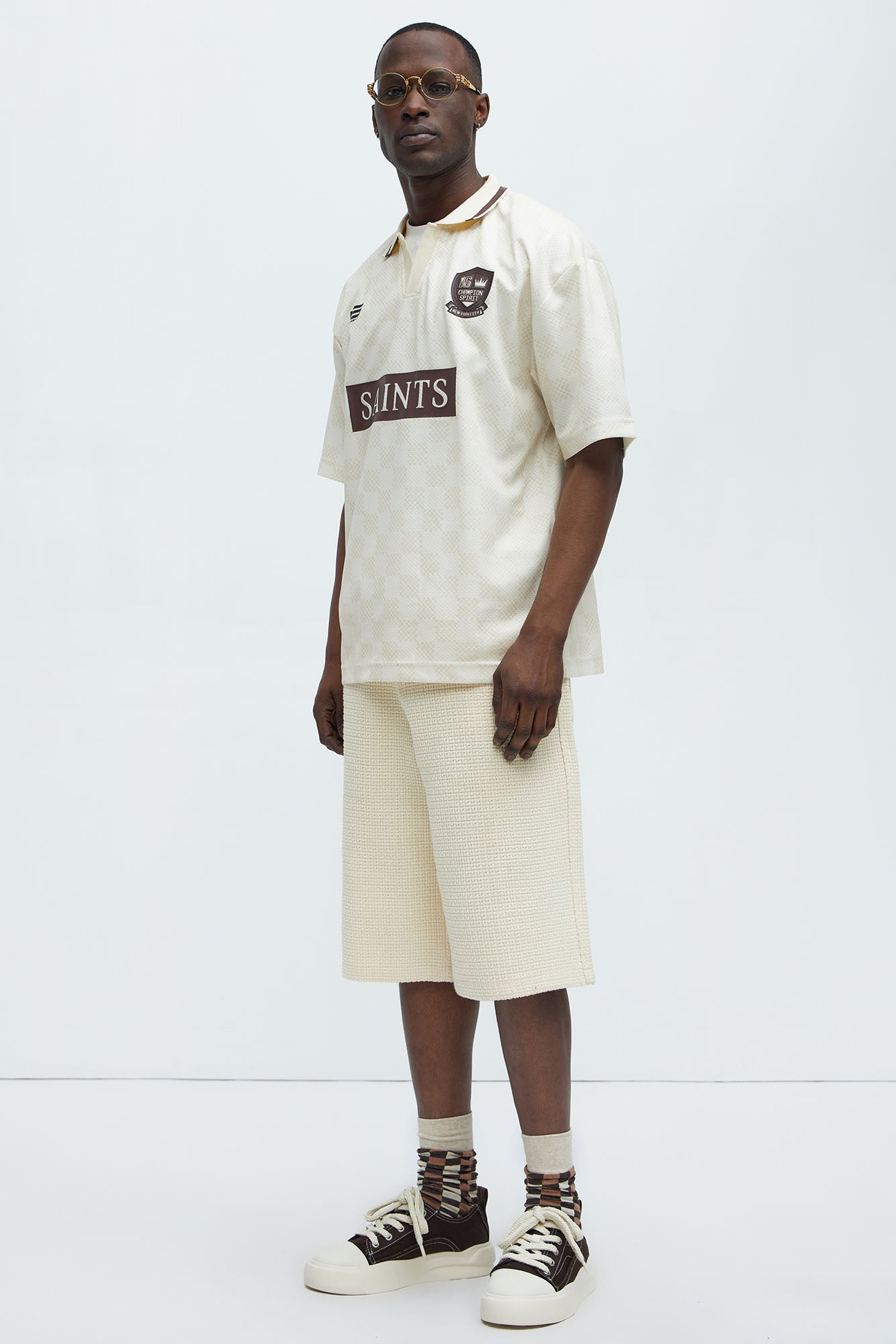 Saints Checkered Johnny Collar Soccer Jersey - Natural/Combo