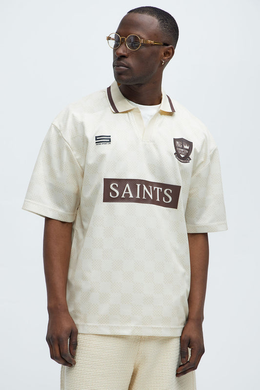 Saints Checkered Johnny Collar Soccer Jersey - Natural/Combo