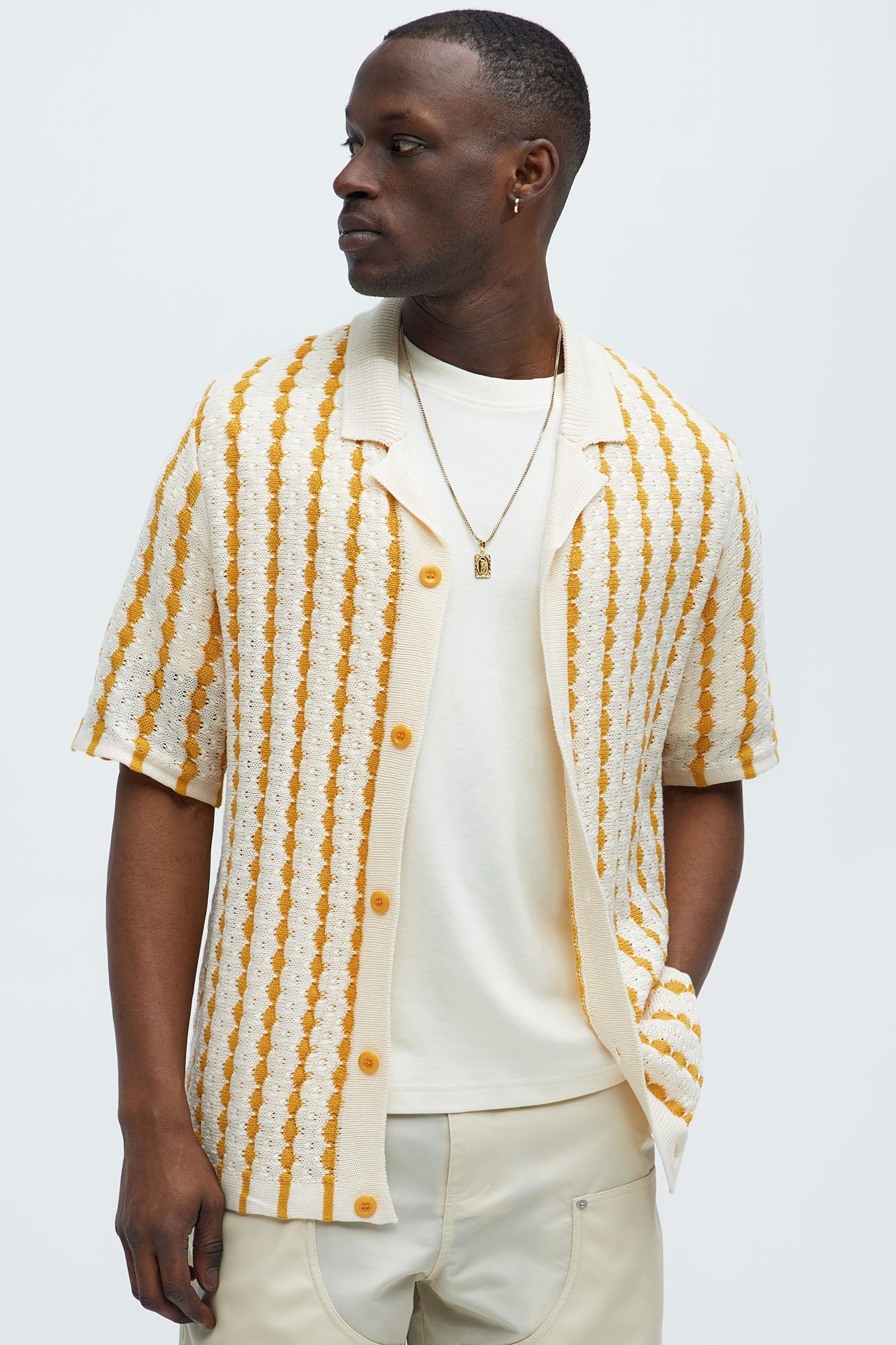 Benny Short Sleeve Crochet Cuban Shirt - Mustard