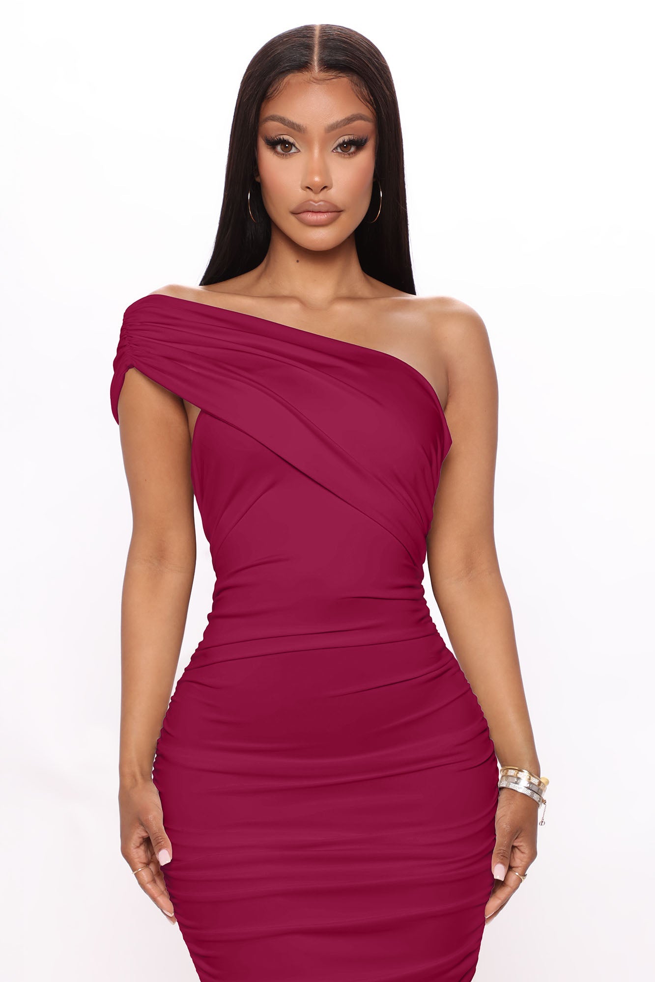 Emmalyn Ruched Midi Dress - Burgundy
