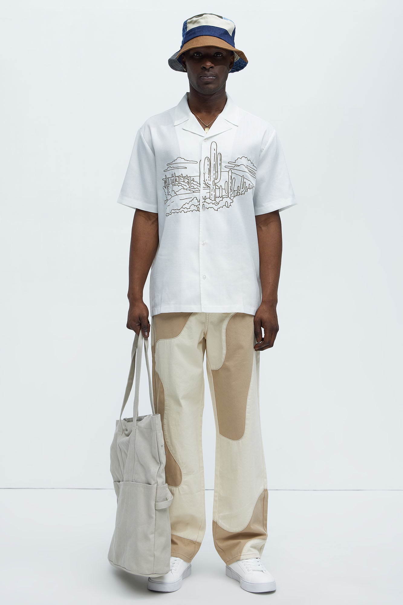 Desert Embroidered Cuban Collar Button Up - White