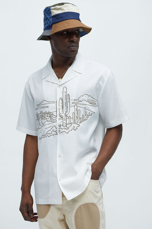Desert Embroidered Cuban Collar Button Up - White