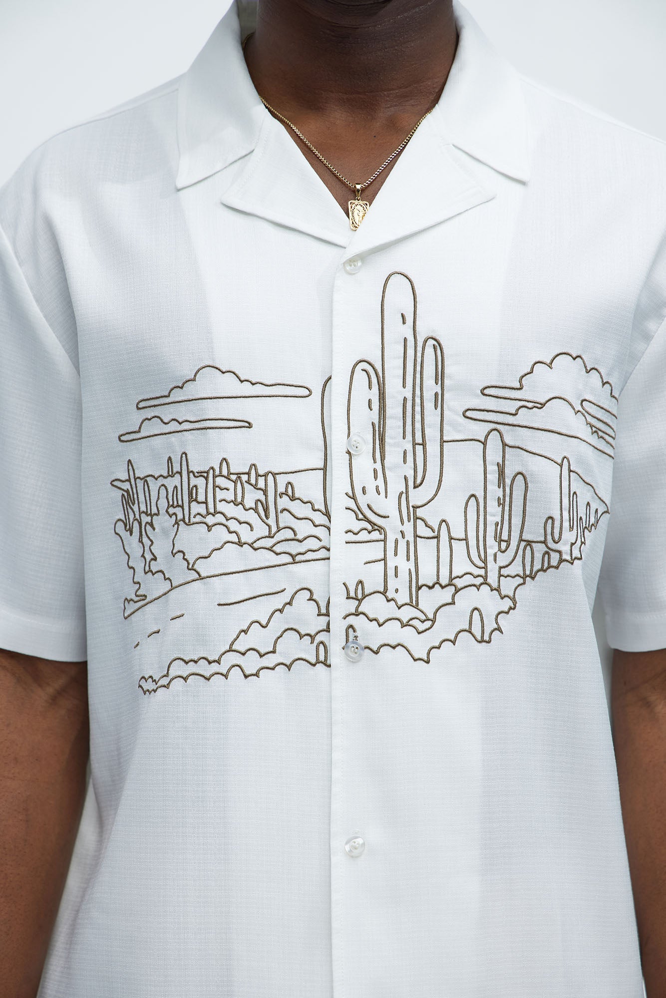 Desert Embroidered Cuban Collar Button Up - White