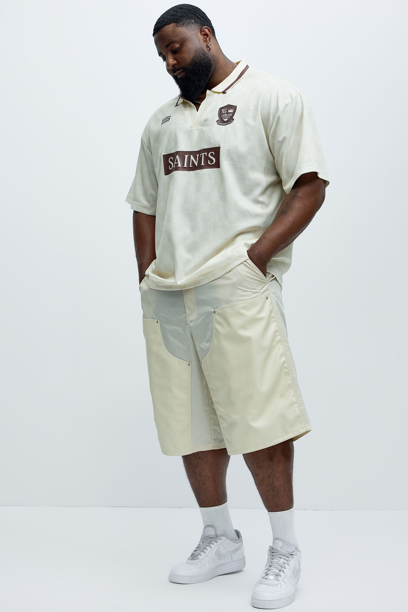 Saints Checkered Johnny Collar Soccer Jersey - Natural/Combo