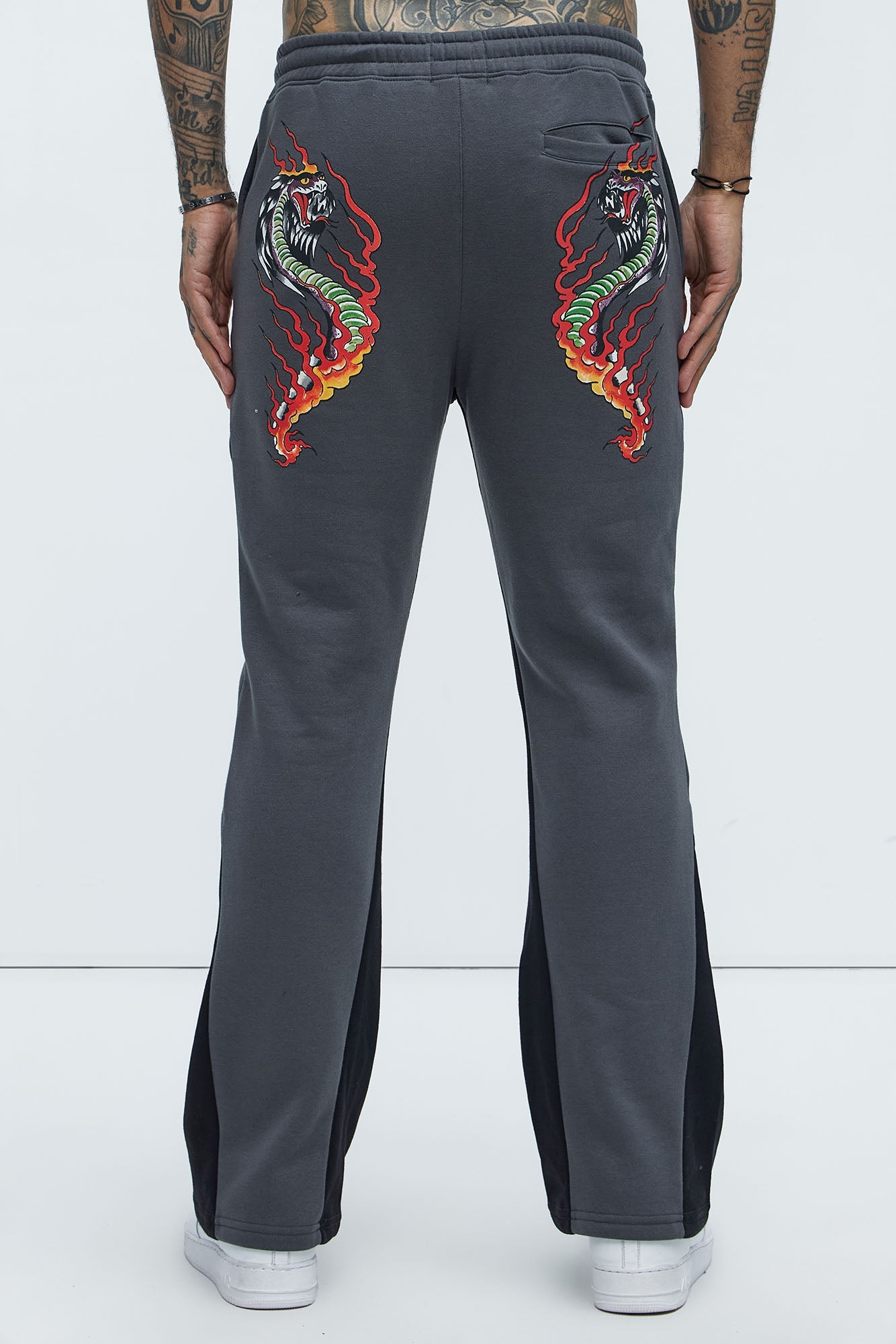 Ed Hardy Dragon Flamed Stacked Sweatpants - Charcoal