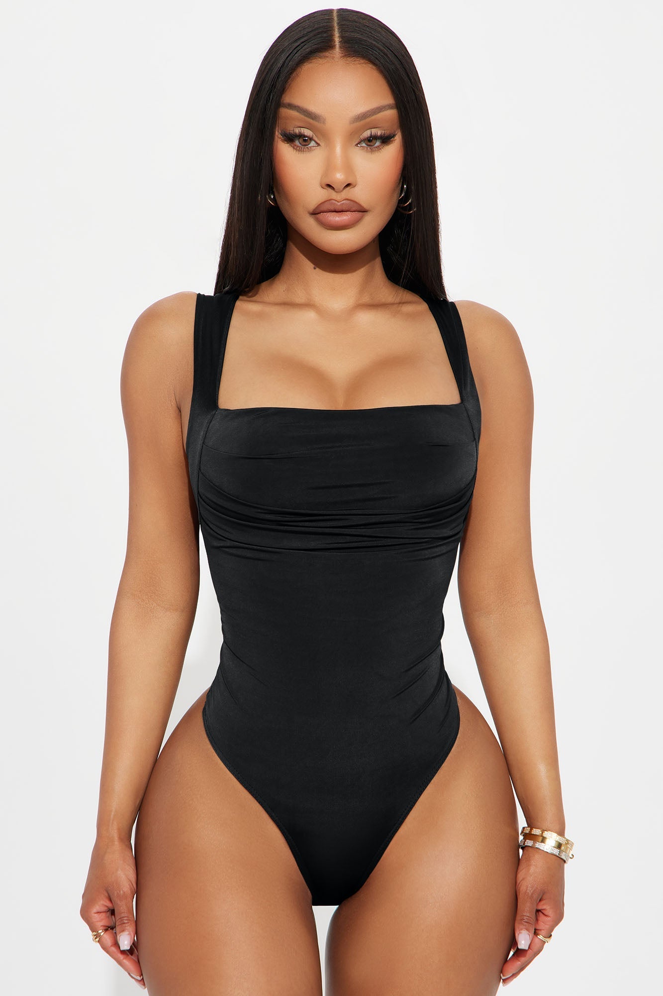 Cute Demeanor Square Neck Ruched Bodysuit - Black