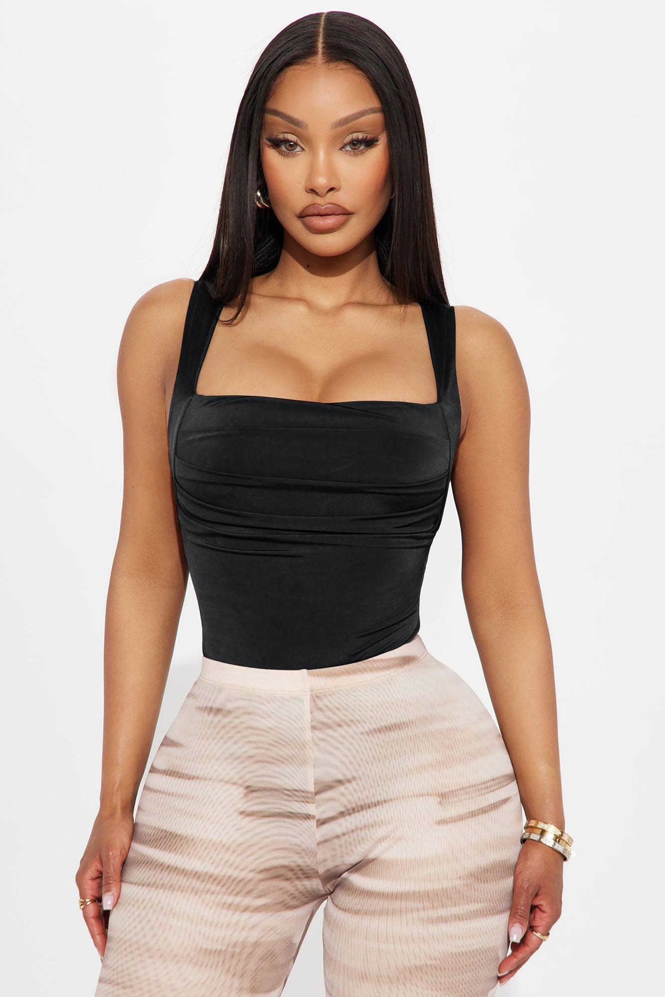 Cute Demeanor Square Neck Ruched Bodysuit - Black